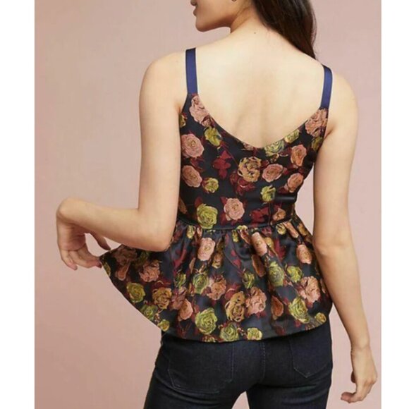Anthropologie Tank Top Womens Small Black Sleeveless Floral Jacquard Peplum Hem - Picture 2 of 9